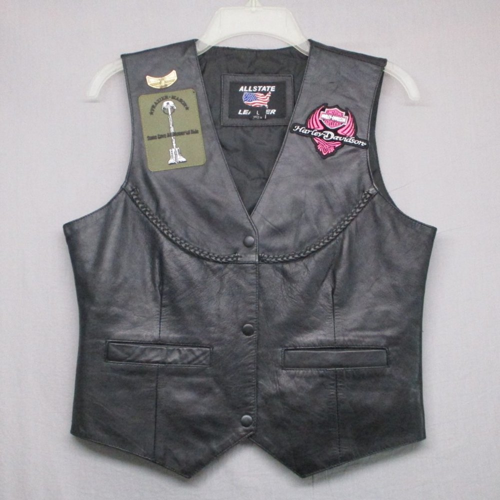 Allstate Leather Motorcycle Riding Vest Harley‎ Pink Patch Black Woman Size | L
